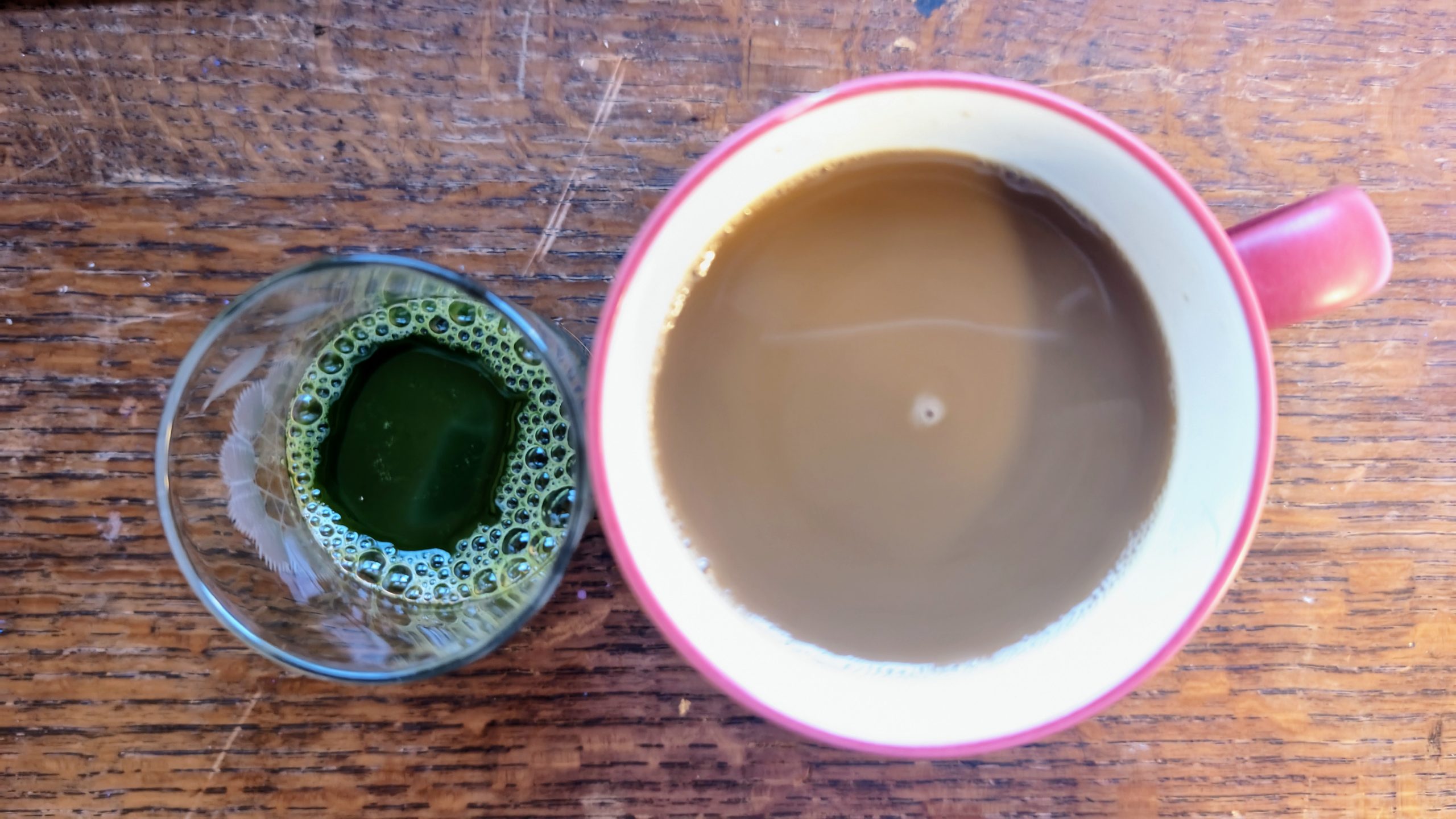 Wheatgrass juice and coffee